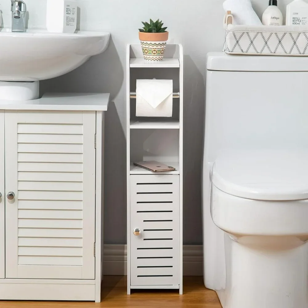 Bathroom Storage Cabinet Beside Toilet Roll Holder Organizer With Door White